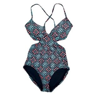 Michael Kors teal & coral pattern one piece cut out bathing suit 10